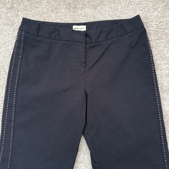 Anthropologie's Elevenses Bootcut Mid Rise Pink Accent Side Stitch Black Pants 4 - Picture 2 of 7